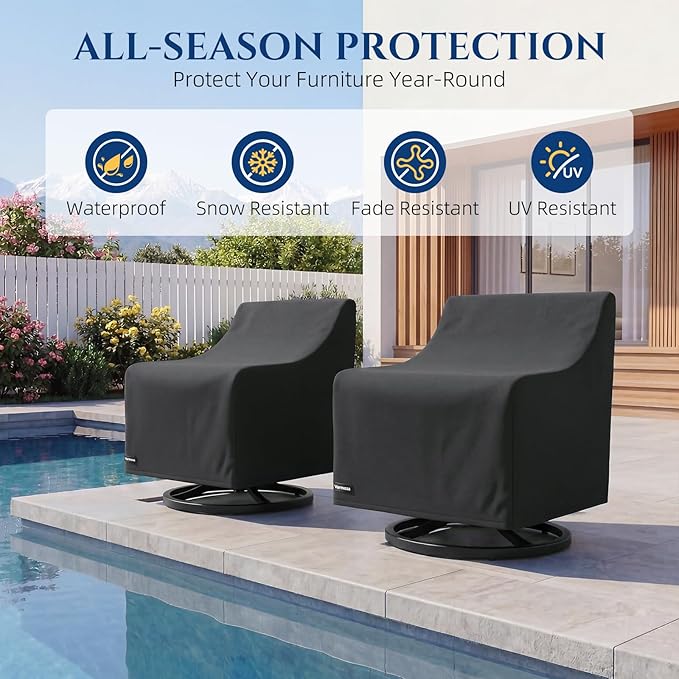 Patio Chair Cover 2 Pack, Outdoor Furniture Covers Waterproof Heavy Duty for Swivel & Rocking Chairs, All-Season Oxford Patio Furniture Cover with Vent, Drawstring & Straps (33 x 35 x 38.5 in)
