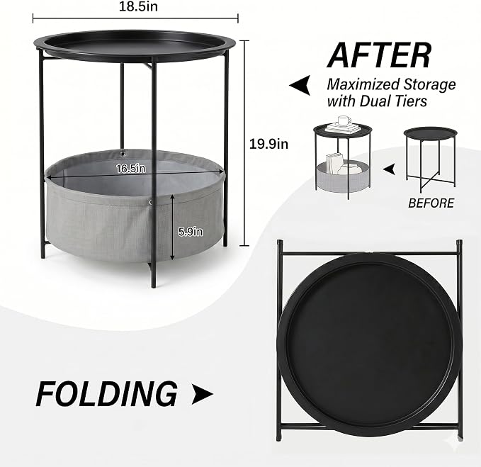 VECELO Round Side/End Table with Fabric Storage Basket,Metal Anti-Rust and Waterproof Small Bedside Nightstand with Removable Tray Top for Living Room,Balcony & Laundry,Black /1pcs with Basket