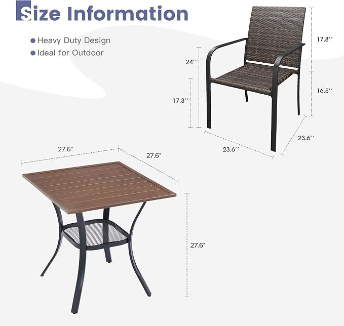 VICLLAX 3 Pieces Small Patio Dining Set, 2 Stakable Wicker Outdoor Chairs and Small Patio Dining Table with Storage Shelf for Backyard Lawn Deck, Walnut Tabletop