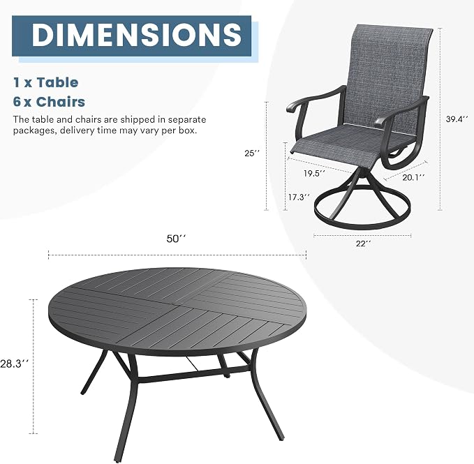 DIFY Patio Table and Chairs Set for 6, 7 Piece Outdoor Dining Set, 50" Black Round Metal Dining Table with Umbrella Hole and 6 Dark Grey Textilene Swivel Patio Chairs, for Garden Backyard Deck