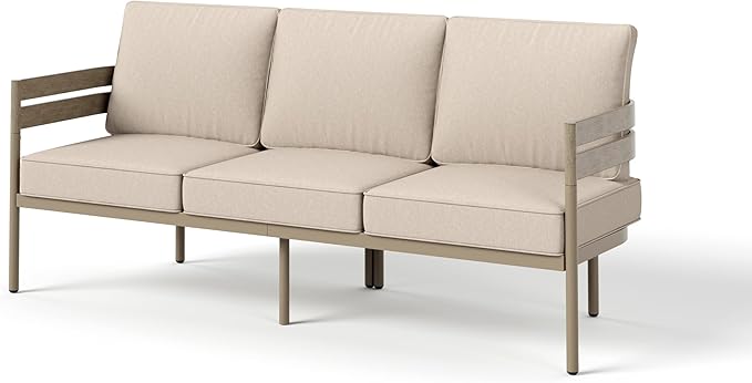 Metal Frame Outdoor Patio Sofa with Cushion, Wood-Like Patio Couch for Deck Balcony Front Porch