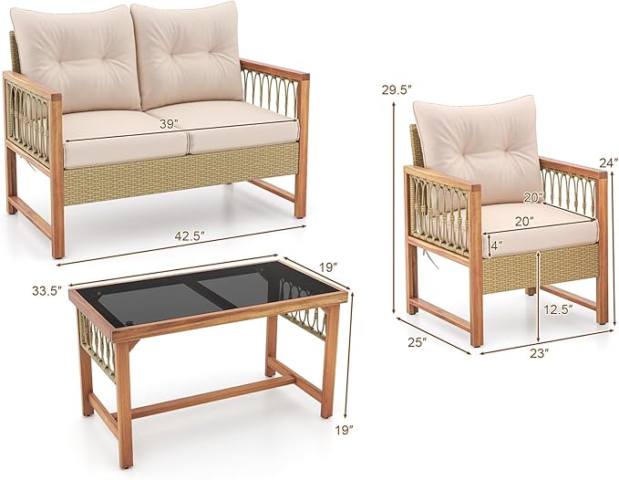 Tangkula 4 Pieces Patio Furniture Set, Outdoor PE Wicker Conversation Bistro Set with Acacia Wood Frame, Cushions and Tempered Glass Coffee Table for Porch, Balcony, Deck and Backyard (Beige)