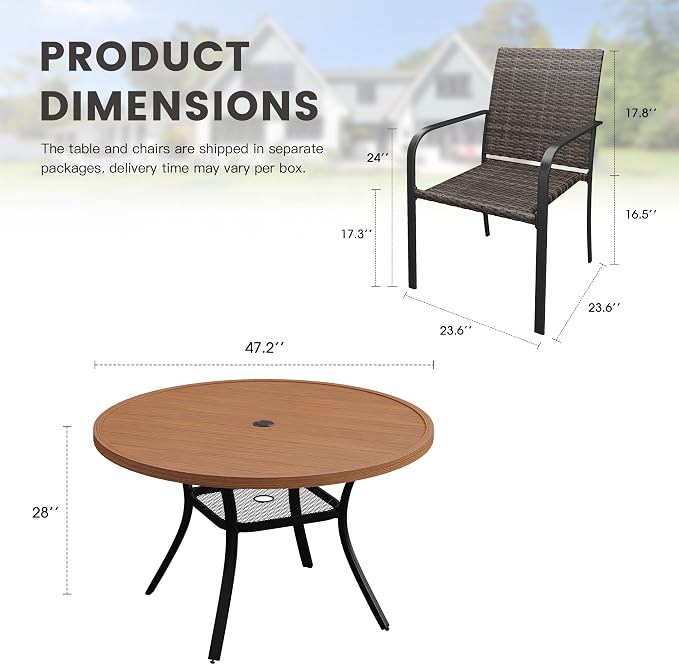 Outdoor Dining Set for 6, 47.2" Metal Round Outdoor Dining Table with Umbrella Hole and Wicker Stackable Patio Chairs, 7 Pieces Patio Table and Chairs Set for Garden Backyard, Walnut