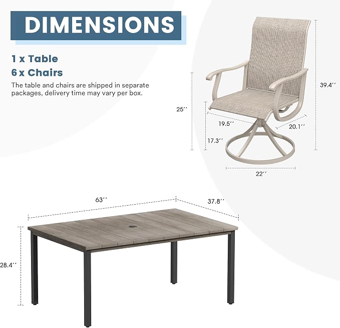 DIFY Outdoor Dining Set for 6, 7 Piece Patio Table and Chairs Set, Sandshell Textilene Swivel Patio Chairs & 63" Grey Wood-Like Rectangle Metal Dining Table with Umbrella Hole, for Garden Backyard