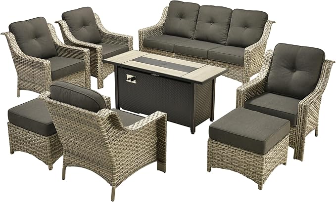 Outdoor Patio Furniture Sets, 8 PCS Patio Conversation Set Outside Rattan Sofa with 54 in Fire Pit Table Comfy Cushions Fit Backyard Porch Garden Poolside Balcony,Black