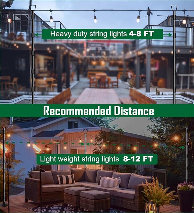 10Ft String Light Poles for Outside - 2 Pack Adjustable Metal Poles for Outdoor String Lights, Rustproof & Sturdy Light Stand Posts for Patio, Backyard, Deck, Garden, Party Decorations