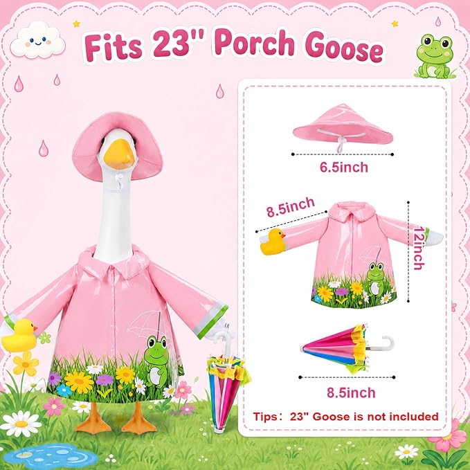 GJL Porch Goose Raincoat Outfit Fits 23 Inch Plastic Cement Goose Statue, Lawn Goose Clothes Set with Umbrella and Hat for Spring Summer Outdoor Yard Garden Decor (Pink-01)