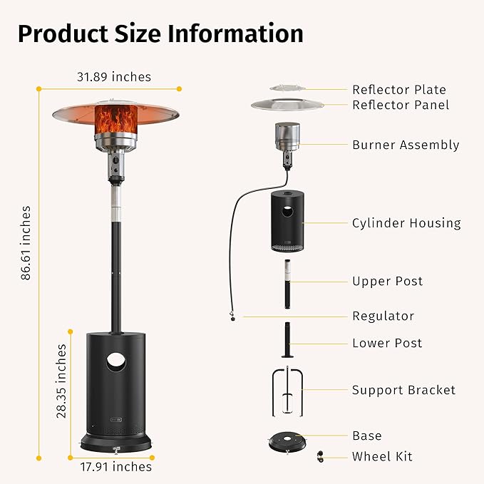 EAST OAK 50,000 BTU Patio Heater for Outdoor Use with Round Table Design, Double-Layer Stainless Steel Burner, Wheels, Triple Protection System, Outdoor Heater for Home and Residential, Black