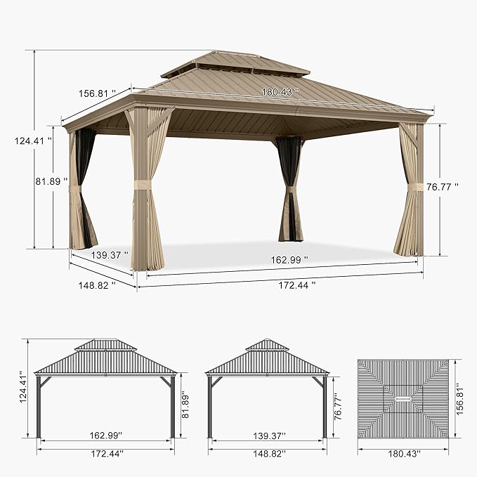 PURPLE LEAF Outdoor Gazebo 13'X15',Champagne Hardtop Gazebo with Galvanized Steel Double Roof, Permanent Patio Gazebo with Curtains and Netting for Patio Lawn Garden and Deck