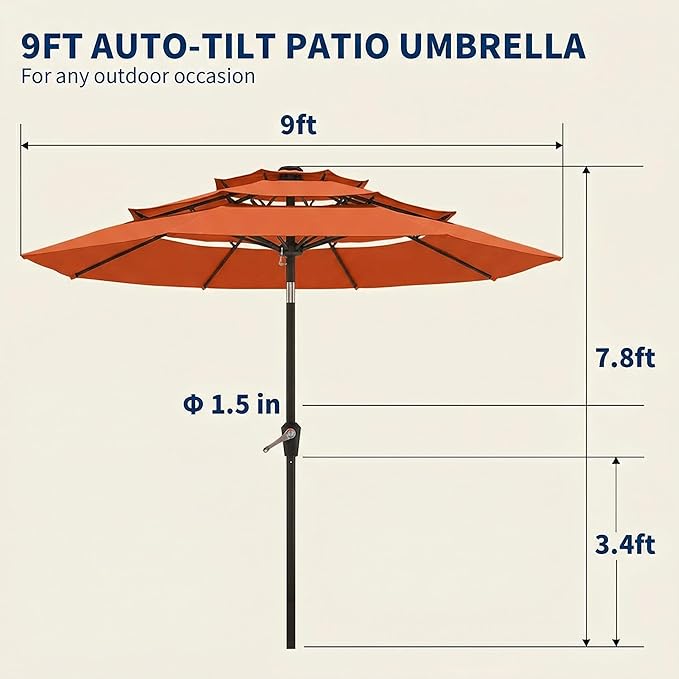 10FT Patio Umbrella 3 Tiers Outdoor Market Umbrella w/Push Button Tilt, Crank, UV and Waterproof Table Umbrella for Garden, Pool, Backyard, Deck, Lawn, Terracotta