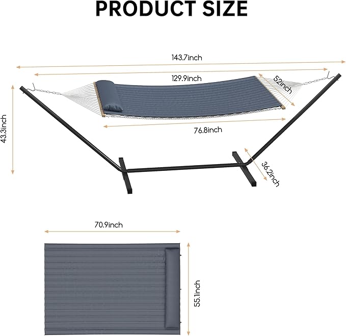Heavy Duty 2 Person Double Hammock with Portable Adjustable Steel Stand, Outdoor Hammock with Pillow for Patio, Garden, Beach, Backyard Camping