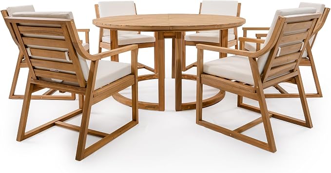 7-Piece Outdoor Dining Set, 59" Round Table with Umbrella Hole and 6 Padded Chairs, Rustic Patio Furniture Set for Garden Backyard Family Gatherings (Light Teak-R1)
