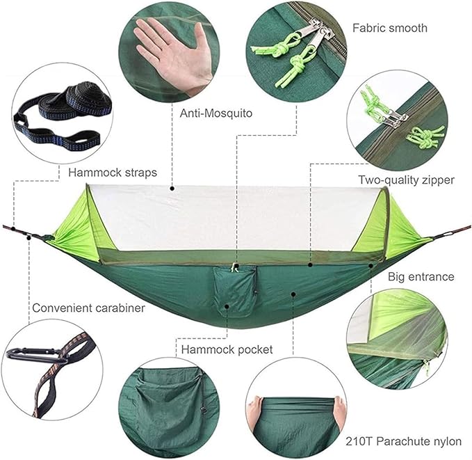 Hammock for Outside 290x140 Cm Camping Hammock with Mosquito Net 2 Person Pop-up Parachute Lightweight Hanging Tree Straps Swing Hammock Swing(B)