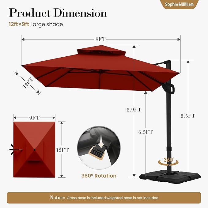 Sophia & William 12ft Cantilever Patio Umbrella with Base, Large Rectangular Umbrellas with 360-degree Rotation, Aluminum Pole for Garden Pool Backyard, Red