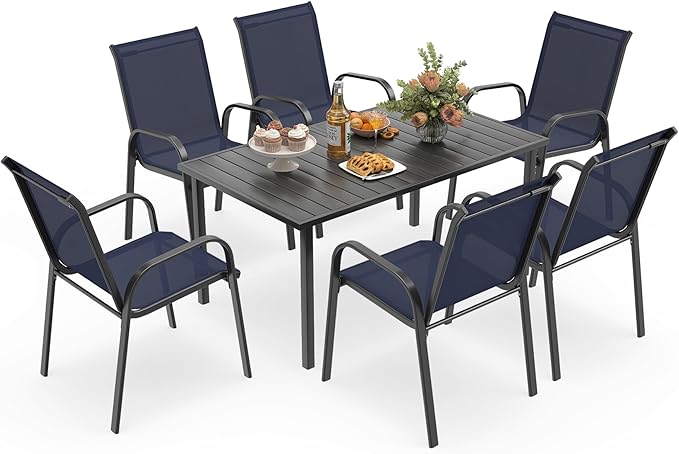 HAPPATIO Outdoor Patio Dining Set, 6 Quick Dry Textilene Dining Chairs and Dining Table with Umbrella Hole, Stackable Textilene Chairs for Garden, Patio and Poolside Backyard, Blue