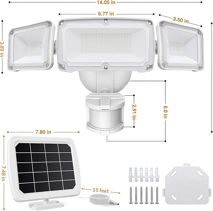 LEPOWER 1600LM LED Solar Security Lights Motion Outdoor, Motion Sensor Light, 5500K White Light, IP65 Waterproof Outdoor Flood Solar Light with 3 Adjustable Head for Yard, Garage(White)