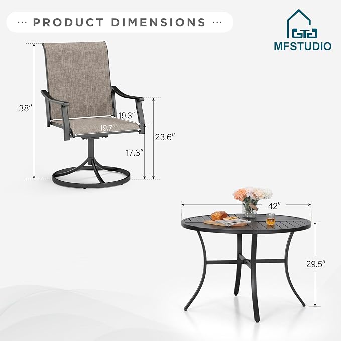 MFSTUDIO 5 Piece Outdoor Dining Set, Round Patio Table & Swivel Chairs | Weather-resistant, 4 person, Breathable & quick-drying Textilene, Metal Frame, Umbrella hole, Outdoor deck backyard