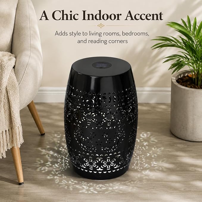 12" Outdoor Solar Side Table, Multi Functional Decorative Cutout Metal Round Side Table, Coffee Table, Night Stand, Plant Stand for Patio, Garden, Backyard, Gazebo Indoor (Black)