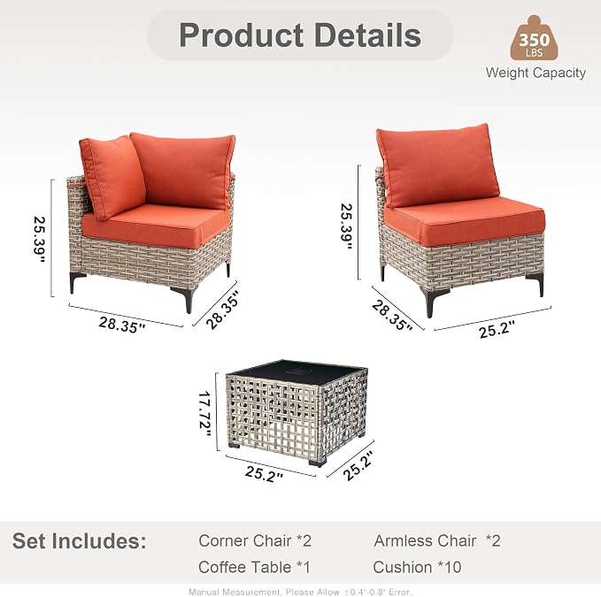 Outdoor Sectional Patio Furniture Set with Glowing Table,5 Pieces Wicker Conversation Sets L Shaped Couch Out Door Sofa Set Outside Furniture for Garden Deck Yard Porch,Red,