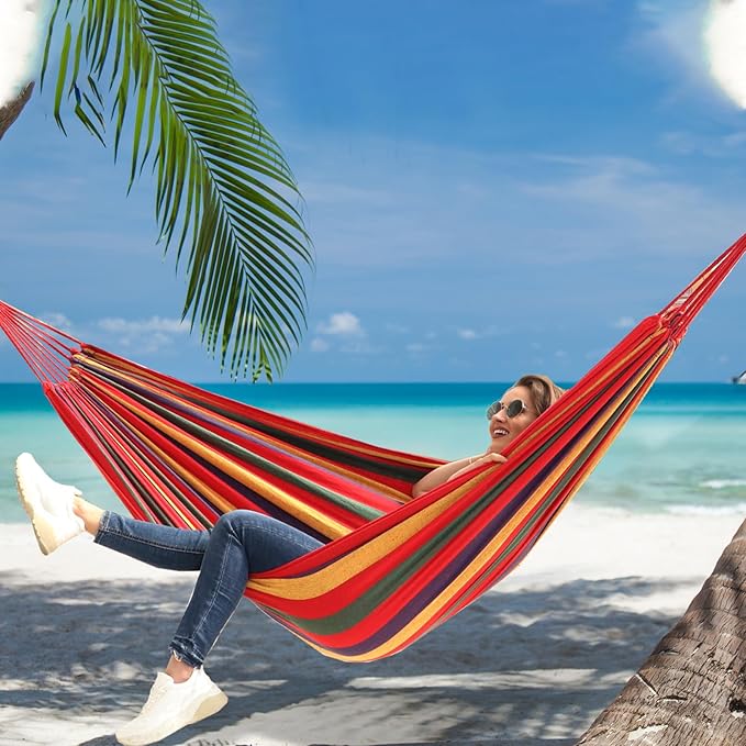 ANYOO Cotton Hammock Portable Camping Hammocks for Hanging Sturdy Garden Comfortable Fabric Hammock with Tree Straps Up to 660lbs with Travel Bag for Camping Outdoor/Indoor Patio Backyard