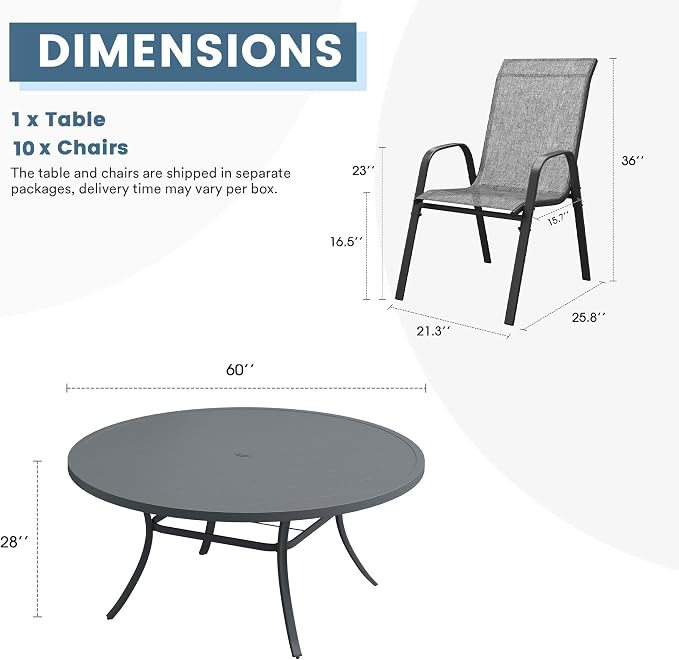 DIFY 11 Piece Outdoor Dining Set, 60" Round Metal Patio Table and Textilene Stackable Chairs for 10, All Weather Patio Furniture Set with Umbrella Hole for Backyard Garden Deck, Grey