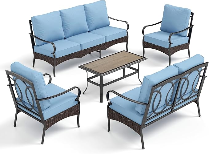PHI VILLA Outdoor Modern Patio Furniture Set, Upgraded Wicker & Metal Patio Conversation Set with Waterproof Thick Cushions for Porch, Poolside, Yard (5 Pieces,Blue)