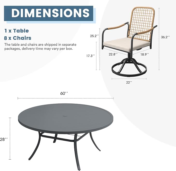 DIFY 9 Pieces Outdoor Dining Set for 8, 60" Round Dining Table with Umbrella Hole & Wicker Swivel Patio Chairs with Cushions, Metal Patio Table and Chairs Set for Backyard Porch Garden, Grey
