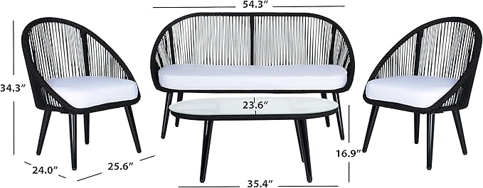 SAFAVIEH Outdoor Collection Halcott Black Rope/White Cushion 4-Piece Conversation Patio Set