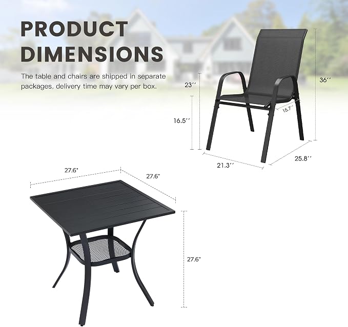 3 Pieces Outdoor Dining Set, 27.5" Square Table & Stackable Patio Dining Chairs, Patio Table and Chairs Set for Deck Garden Porch, Black Chairs & Black Table