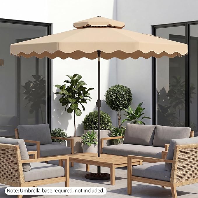 Happygrill 10 FT Patio Umbrella, Scalloped Outdoor Table Market Umbrella with Push Button Tilt & Crank, 2-Tier Vented Top, Heavy-Duty 8 Metal Ribs, Sun-Protective Canopy, Ruffle for Deck Pool Garden (Beige)
