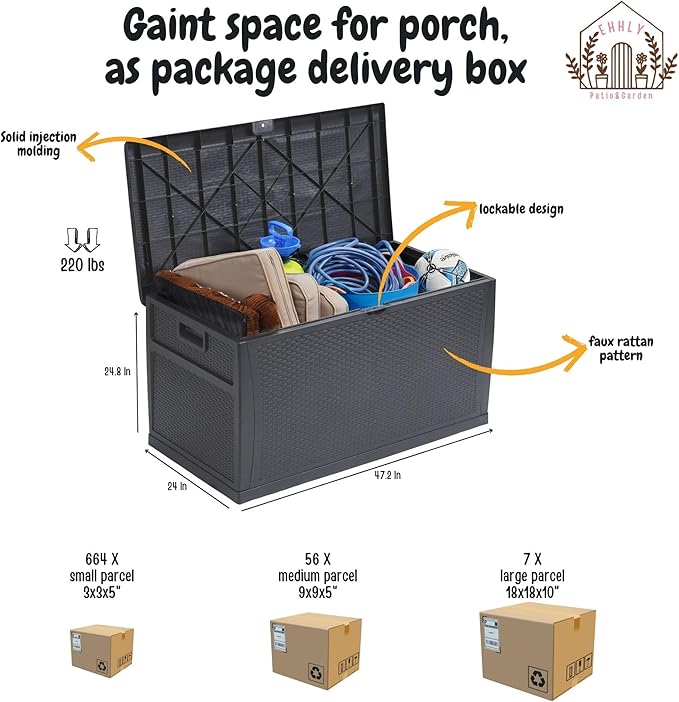 EHHLY 121 Gallon Outdoor Storage Box Large, Lockable Outside Storage Containers Waterproof Patio Cushions Deck Boxes, Rattan Plastic Garden Hose Boxes Resin Pool Storage Bins, Grey