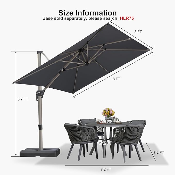 PURPLE LEAF 8’ X 8‘ Patio Umbrella Outdoor Cantilever Umbrella, Aluminum Offset Umbrella with Champagne Frame and 360° Rotation for Pool Deck Garden, Light Grey