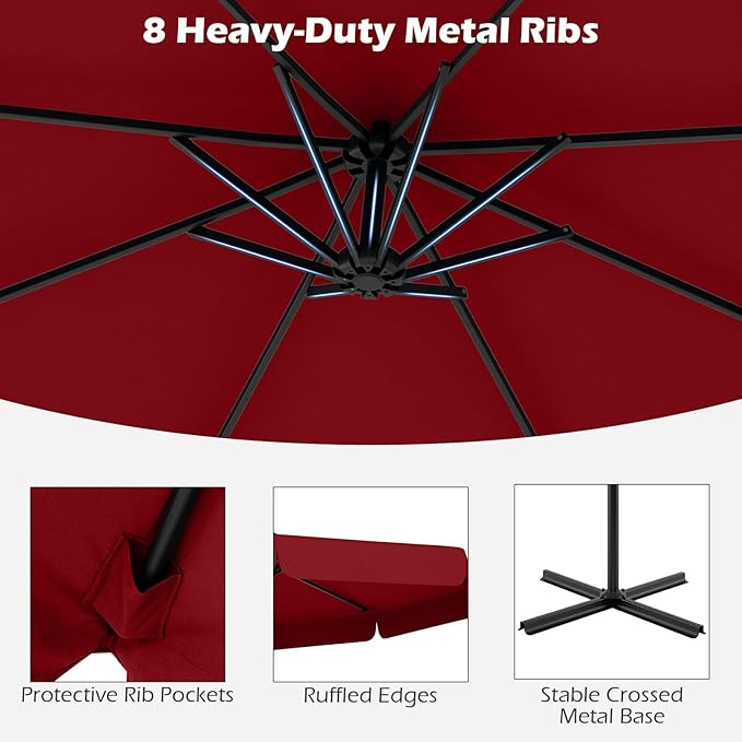 Tangkula 10FT Offset Hanging Umbrella with Cover, Patio Cantilever Umbrella w/ Easy Tilt Adjustment, Crank, Ruffled Edge, 8 Ribs, Sun-Protective Canopy, Heavy-Duty Outdoor Parasol for Pool Garden Deck (Red)