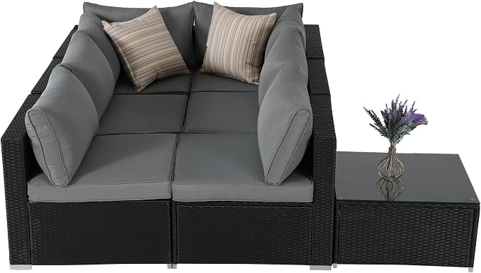 7 Pieces Patio Furniture Set - All-Weather Outdoor Rattan Sectional Conversation Sofa, Wicker Patio Seating Sofa Set with Cushion and Glass Table for Garden, Porch Poolside, Grey/Black