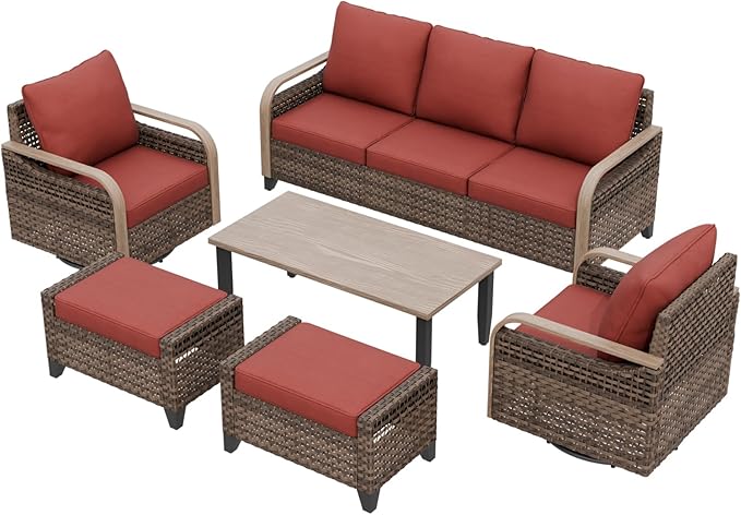 EAGLE PEAK Modern Wicker Outdoor Patio Furniture Set, Patio Conversation Set, 2 Swivel Rocking Chairs, 3-Seat Loveseat, 2 Ottomans and Coffee Table, 6 Pieces, Brown/Red
