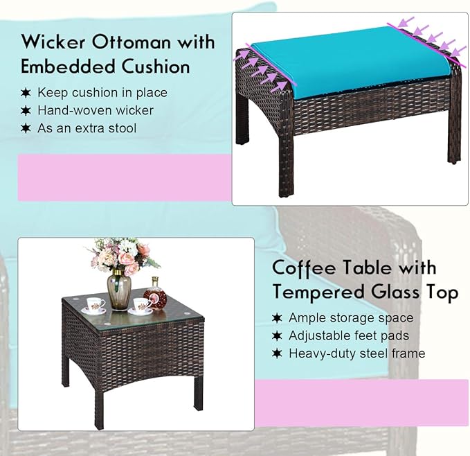 Tangkula 5 Pieces Wicker Patio Furniture Set, PE Rattan Outdoor All Weather Cushioned Sofas and Ottoman Set, 2-Person Outside Conversation Set for Lawn, Poolside, Yard, Balcony, Deck (Turquoise)