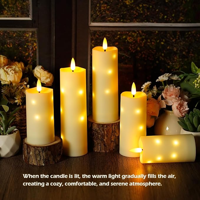 kakoya Outdoor Waterproof Flickering Flameless Candles with Timer,5Pcs Battery Operated LED Pillar Candles with Embedded Star String for Outdoor Lanterns,Porch,Patio Decor(Ivory)
