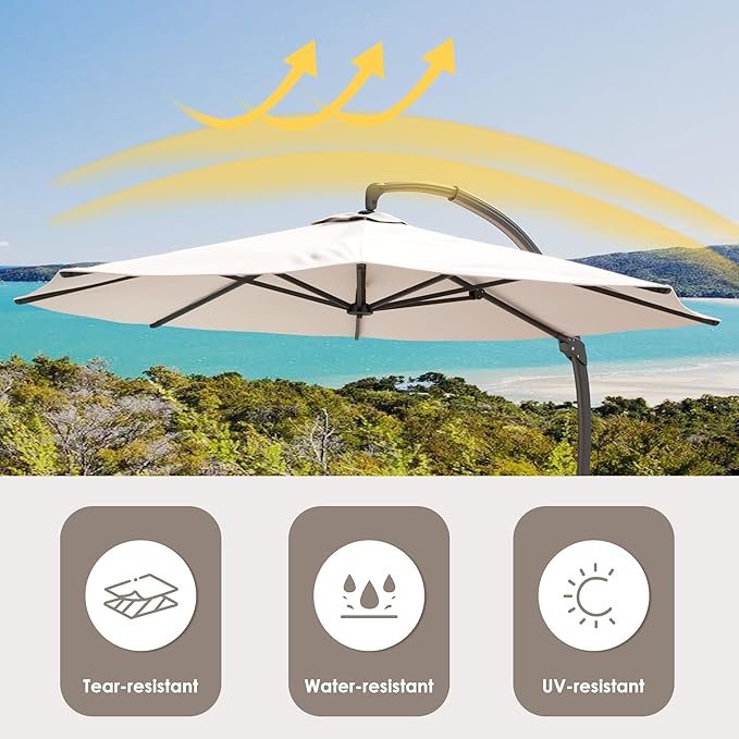 ENSTVER 11FT Solar Powered LED Light Cantilever Patio Umbrella With Base Included, Round Large Aluminum Outdoor Cantilever, Heavy Duty Offset Umbrella with 360°Rotation for Pool, Deck, Backyard