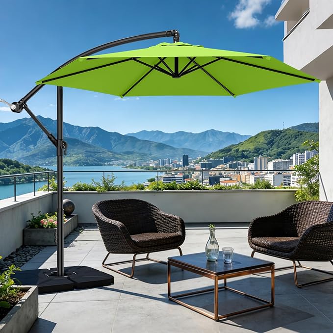 AreShark 10FT Patio Outdoor Umbrella, Offset Patio Umbrella Cantilever Umbrella, 6 Sturdy Ribs, Easy Adjustment for Garden Market Pool with Cross Base (Apple Green)