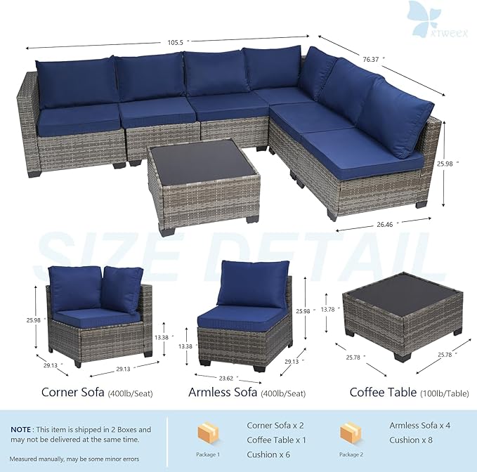 Outdoor Patio Furniture 7-Piece Set, Grey Rattan 6-Seater Conversation Set with Navy Blue Cushions, Includes Coffee Table for Garden, Pool, Balcony, Backyard | Waterproof Fabric & Weatherproof Wicker