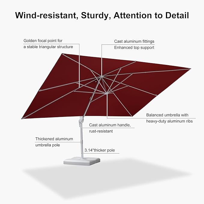 PURPLE LEAF 10' × 13' Patio Umbrella White Cantilever Umbrella Aluminum Square Outdoor Offset Umbrella Hanging Windproof with 360° Rotation for Garden Deck Pool, Red