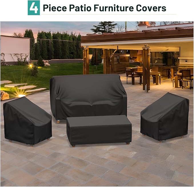 Mrrihand Patio Furniture Covers, 4 Piece Outdoor Furniture Cover Waterproof includ Ourdoor Sofa Cover, 2 Chair Covers, Coffee Table Cover with Windproof Buckle Strap and Adjustable Drawstring-Black