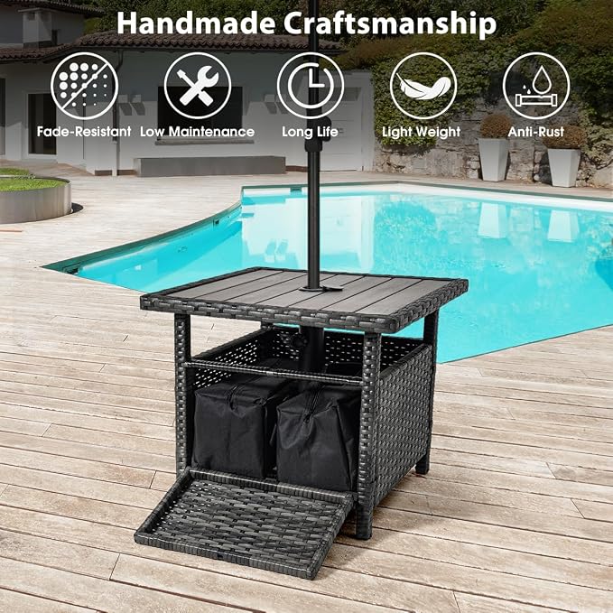 Sundale Outdoor Umbrella Stand with 2 Weight Bags, Patio 22 in Wicker Side Table with Umbrella Hole, All Weather Small Rattan Umbrella Base for Deck Yard Poolside Porch, Charcoal Gray