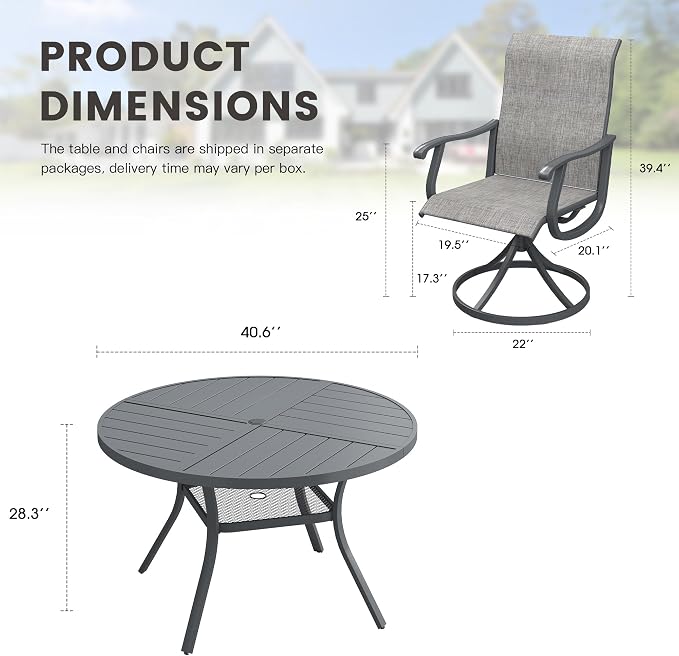 Outdoor Dining Set for 4, 40.7" Metal Round Outdoor Dining Table with Umbrella Hole and Sling Patio Swivel Chairs, 5 Pieces Patio Table and Chairs Set for Garden Backyard, Grey and Dark Grey