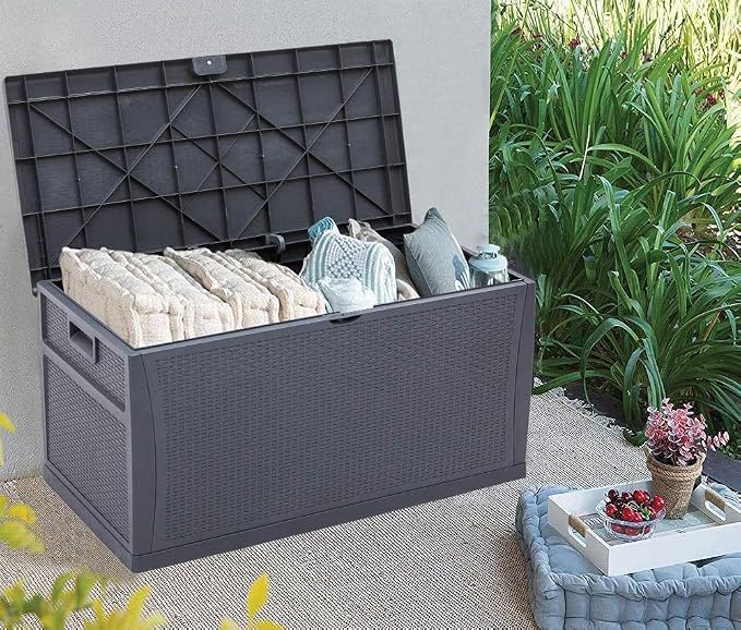 Crownland 120 Gallon Outdoor Storage Deck Box Resin Container Weatherproof Deck Storage Box Containers Patio Garden Furniture Outdoor Storage Boxes All Weather Using,Grey