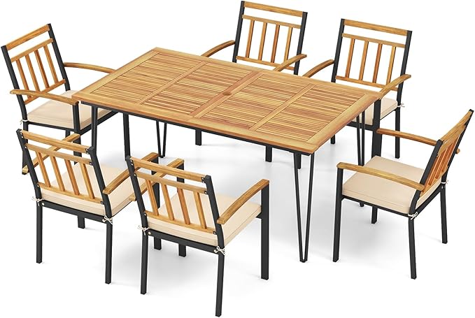 Tangkula 7 Pieces Patio Dining Set with Acacia Wood Dining Table & Armchairs, Soft Cushions, 2” Umbrella Hole, Outdoor Dining Furniture Set for Porch, Backyard, Garden, Poolside