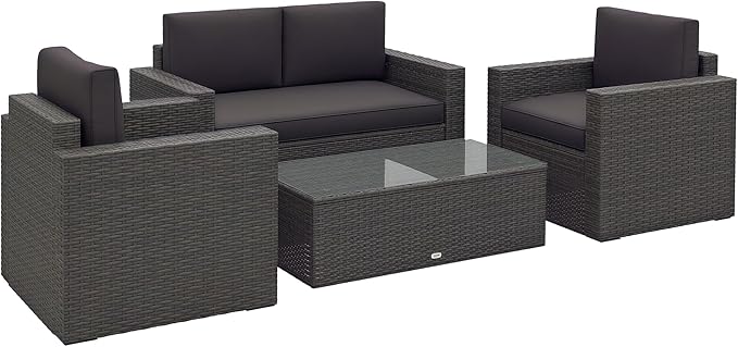 Outsunny 4 Piece Wicker Patio Furniture Set with Cushions, Outdoor Sectional Furniture with 2 Sofa, Loveseat, and Glass Top Coffee Table, Conversation Sofa Sets for Garden, Gray