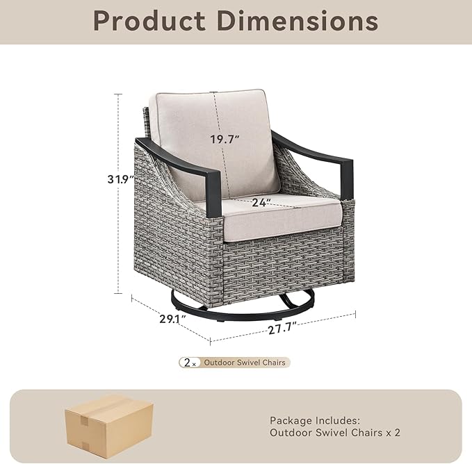 Outdoor Swivel Rocker Patio Chairs-High Back Wicker Swivel Rocker Patio Chairs Set of 2,PE Wicker Chair Outdoor Patio Furniture Sets with Covered Cushions for Porch Balcony Patio Deck Grey/Beige