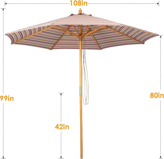 9ft Wooden Umbrella, Outdoor Patio Umbrella, Wood Market Umbrella, Patio Umbrella Wood Pole with Pulley Lift for Garden, Yard, Deck, Pool, Market