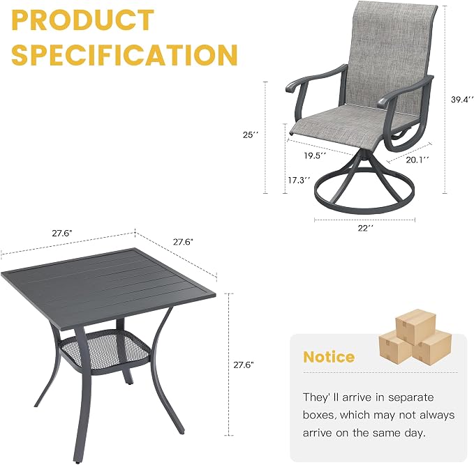 VICLLAX 3 Pieces Patio Dining Set for 2-28" Square Small Outdoor Table and 2 Patio Swivel Chairs for Lawn Garden, Grey Tabletop and Grey Fabric